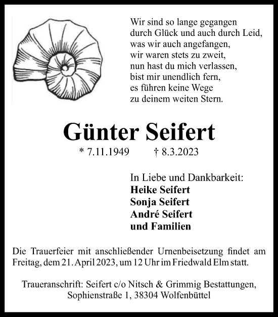 Traueranzeige von Günter Seifert von Wolfenbütteler Zeitung