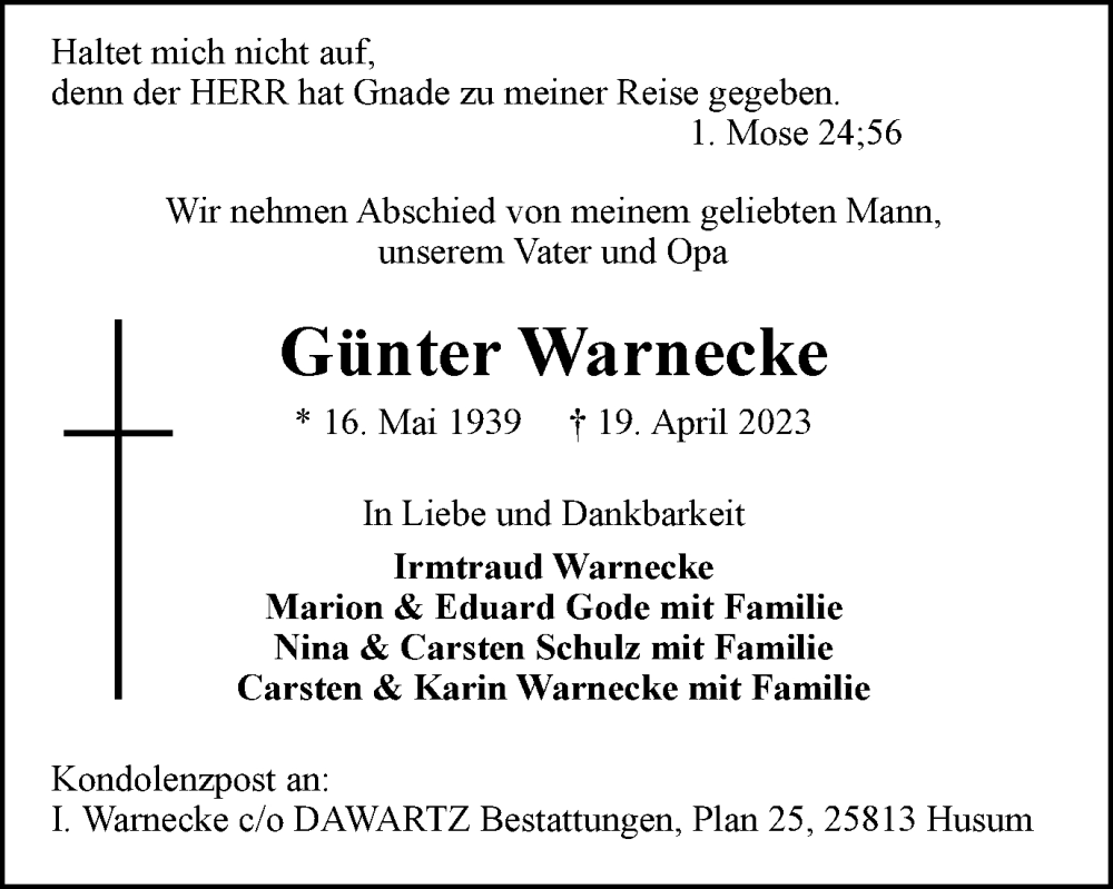  Traueranzeige für Günter Warnecke vom 22.04.2023 aus Braunschweiger Zeitung