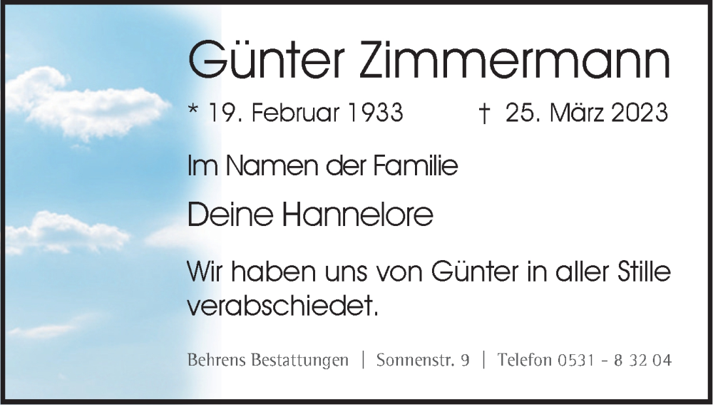  Traueranzeige für Günter Zimmermann vom 15.04.2023 aus Braunschweiger Zeitung