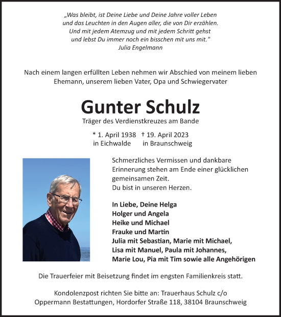 Traueranzeige von Gunter Schulz von Braunschweiger Zeitung