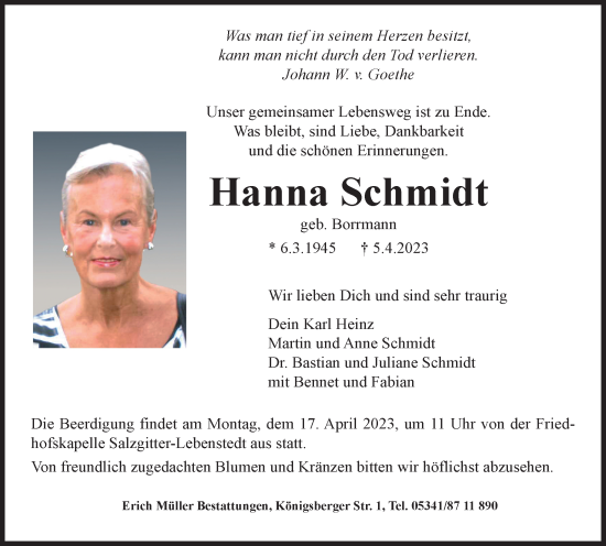 Traueranzeige von Hanna Schmidt von Salzgitter-Zeitung
