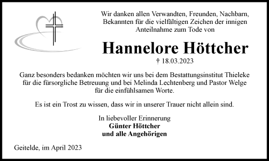 Traueranzeige von Hannelore Höttcher von Braunschweiger Zeitung