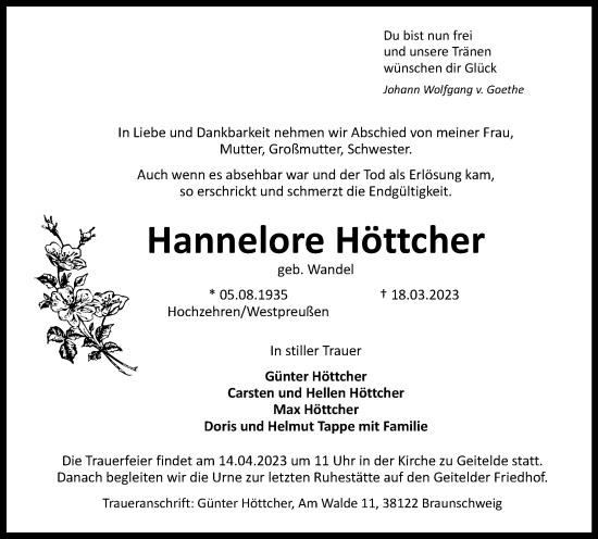 Traueranzeige von Hannelore Höttcher von Braunschweiger Zeitung