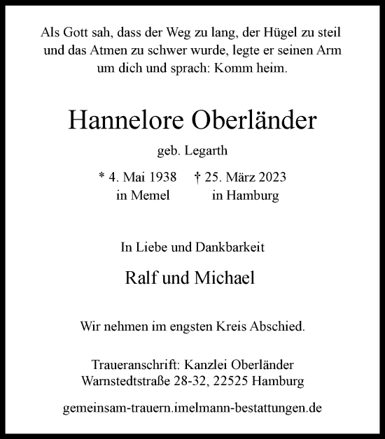 Traueranzeige von Hannelore Oberländer von Salzgitter-Zeitung