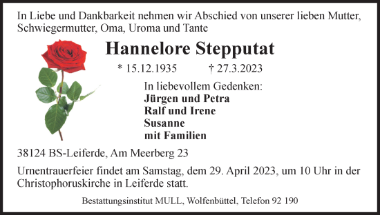 Traueranzeige von Hannelore Stepputat von Neue Braunschweiger am Samstag