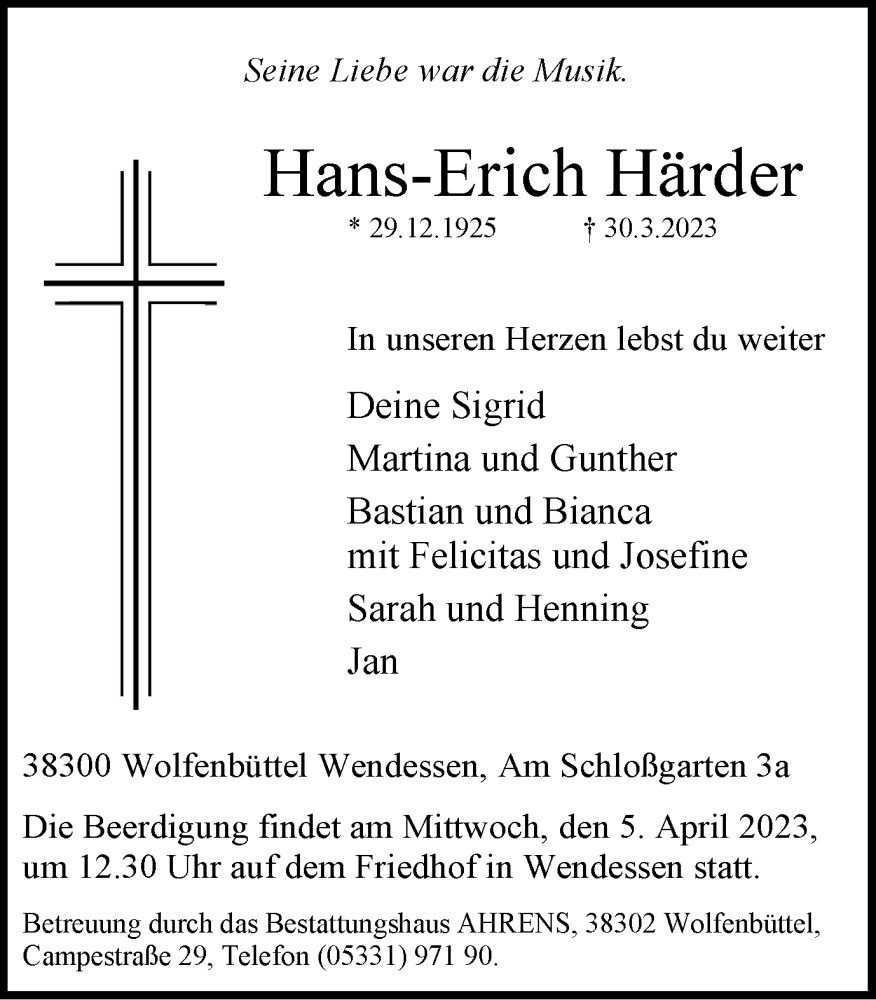  Traueranzeige für Hans-Erich Härder vom 04.04.2023 aus Wolfenbütteler Zeitung