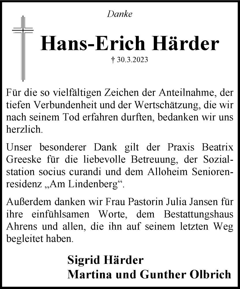  Traueranzeige für Hans-Erich Härder vom 29.04.2023 aus Wolfenbütteler Zeitung