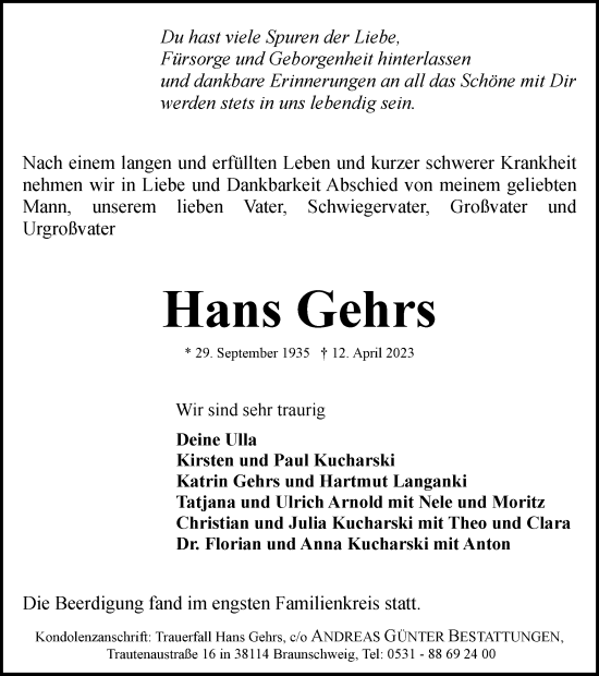 Traueranzeige von Hans Gehrs von Braunschweiger Zeitung