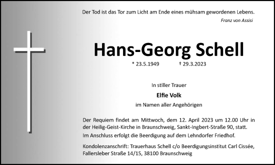 Traueranzeige von Hans-Georg Schell von Braunschweiger Zeitung, Salzgitter-Zeitung