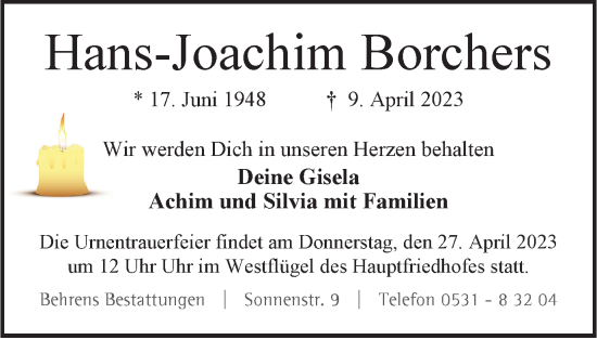 Traueranzeige von Hans-Joachim Borchers von Braunschweiger Zeitung