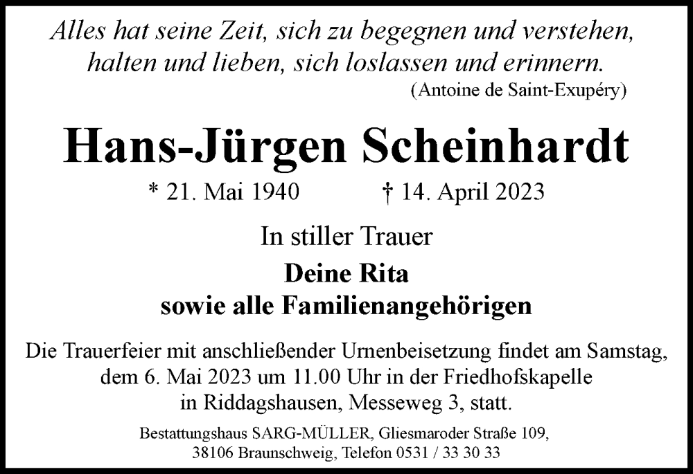  Traueranzeige für Hans-Jürgen Scheinhardt vom 29.04.2023 aus Braunschweiger Zeitung