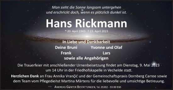 Traueranzeige von Hans Rickmann von Braunschweiger Zeitung