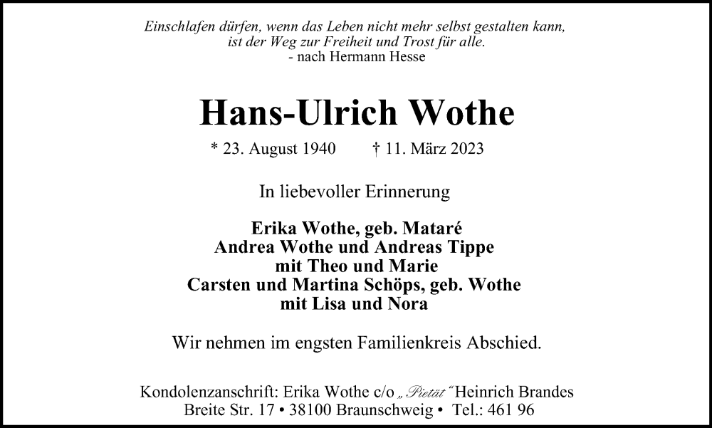  Traueranzeige für Hans-Ulrich Wothe vom 01.04.2023 aus Braunschweiger Zeitung