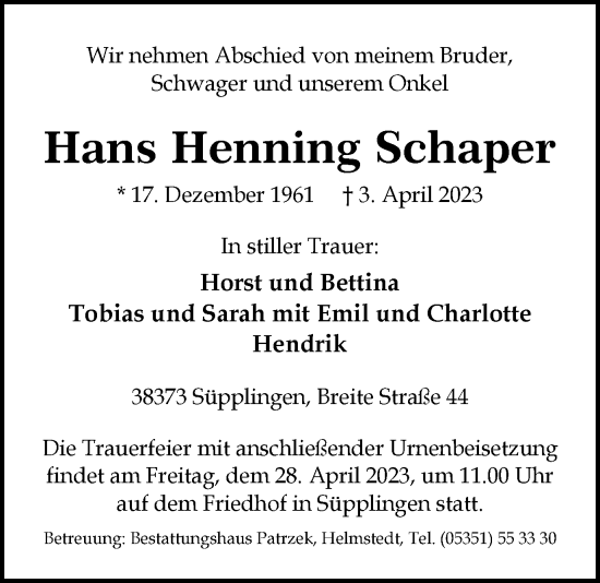 Traueranzeige von Hans Henning Schaper von Helmstedter Nachrichten
