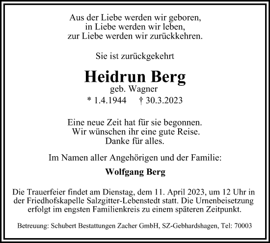 Traueranzeige von Heidrun Berg von Salzgitter-Zeitung