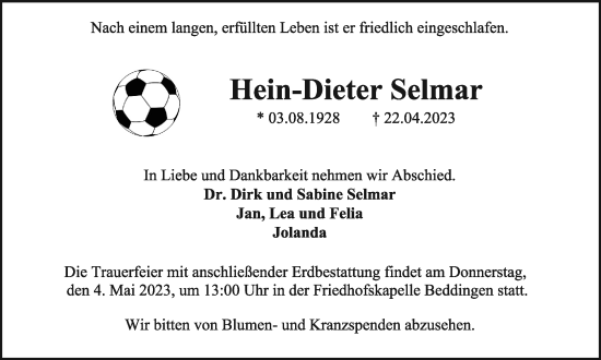Traueranzeige von Hein-Dieter Selmar von Salzgitter-Zeitung