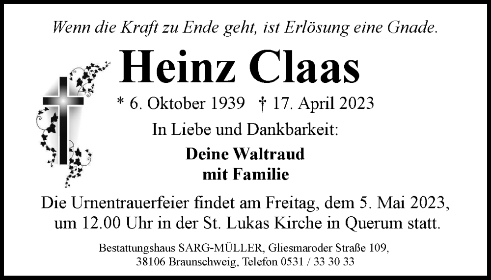  Traueranzeige für Heinz Claas vom 29.04.2023 aus Braunschweiger Zeitung