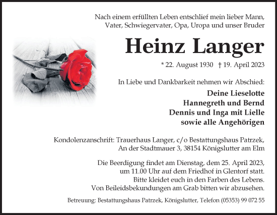 Traueranzeige von Heinz Langer von Wolfsburger Nachrichten