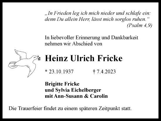 Traueranzeige von Heinz Ulrich Fricke von Neue Braunschweiger am Samstag