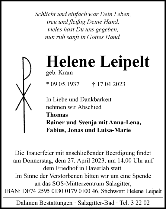 Traueranzeige von Helene Leipelt von Salzgitter-Zeitung
