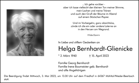 Traueranzeige von Helga Bernhardt-Glienicke von Braunschweiger Zeitung