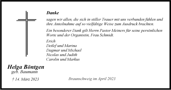Traueranzeige von Helga Böntgen von Braunschweiger Zeitung