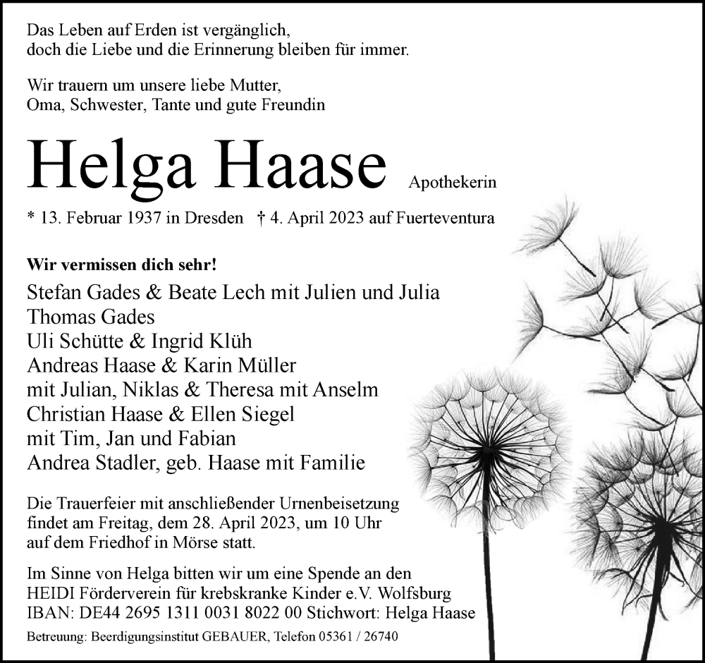  Traueranzeige für Helga Haase vom 22.04.2023 aus Wolfsburger Nachrichten