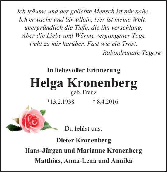 Traueranzeige von Helga Kronenberg von Wolfenbütteler Zeitung