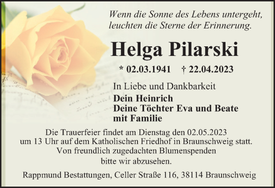 Traueranzeige von Helga Pilarski von Braunschweiger Zeitung