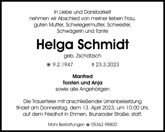 Traueranzeige von Helga Schmidt von Wolfsburger Nachrichten