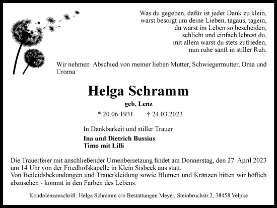 Traueranzeige von Helga Schramm von Wolfsburger Nachrichten