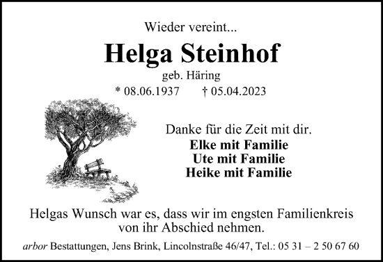 Traueranzeige von Helga Steinhof von Braunschweiger Zeitung