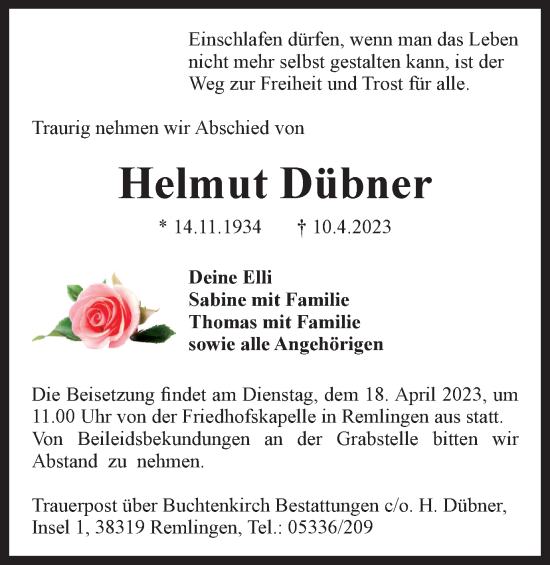 Traueranzeige von Helmut Dübner von Wolfenbütteler Zeitung
