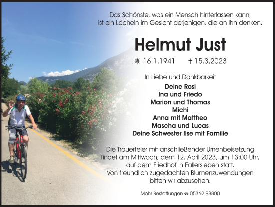 Traueranzeige von Helmut Just von Wolfsburger Nachrichten