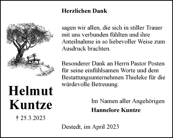 Traueranzeige von Helmut Kuntze von Wolfenbütteler Zeitung