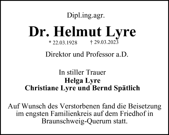 Traueranzeige von Helmut Lyre von Braunschweiger Zeitung