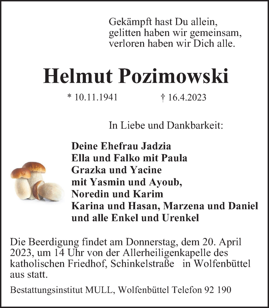  Traueranzeige für Helmut Pozimowski vom 19.04.2023 aus Wolfenbütteler Zeitung