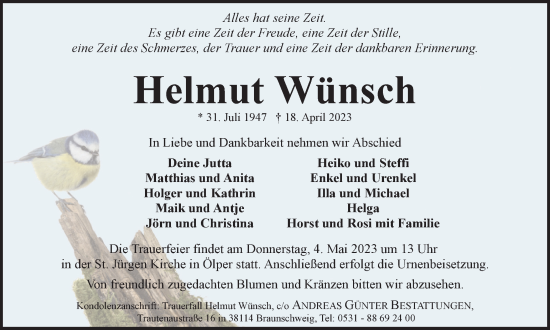 Traueranzeige von Helmut Wünsch von Braunschweiger Zeitung