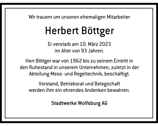 Traueranzeige von Herbert Böttger von Wolfsburger Nachrichten
