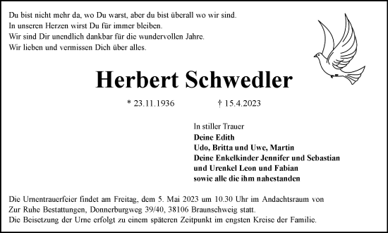 Traueranzeige von Herbert Schwedler von Braunschweiger Zeitung