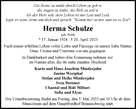 Traueranzeige von Herma Schulze von Braunschweiger Zeitung