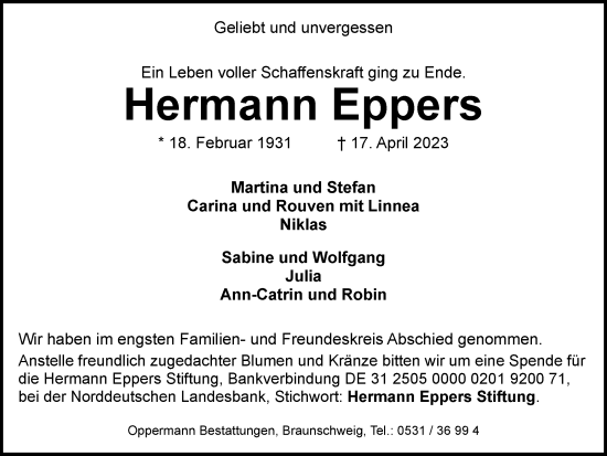 Traueranzeige von Hermann Eppers von Braunschweiger Zeitung
