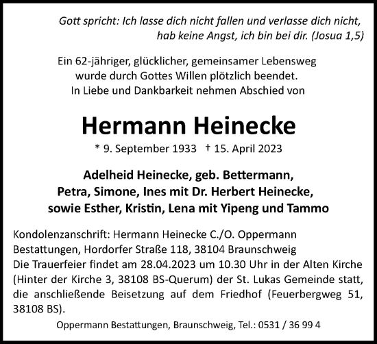 Traueranzeige von Hermann Heinecke von Braunschweiger Zeitung, Salzgitter-Zeitung