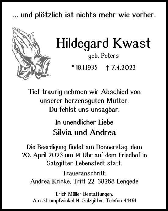 Traueranzeige von Hildegard Kwast von Salzgitter-Zeitung