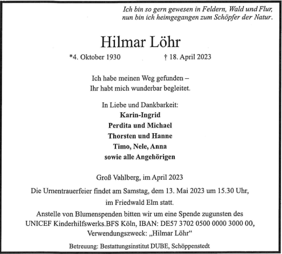 Traueranzeige von Hilmar Löhr von Wolfenbütteler Zeitung