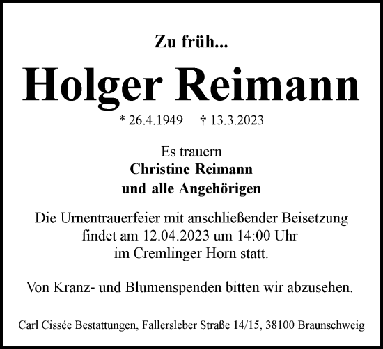 Traueranzeige von Holger Reimann von Braunschweiger Zeitung