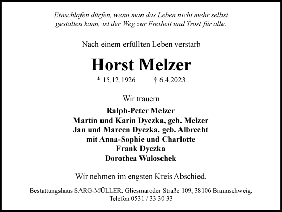 Traueranzeige von Horst Melzer von Braunschweiger Zeitung