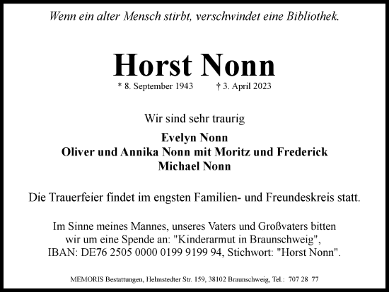 Traueranzeige von Horst Nonn von Braunschweiger Zeitung