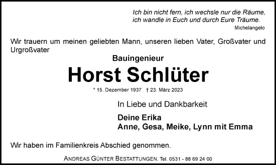 Traueranzeige von Horst Schlüter von Braunschweiger Zeitung