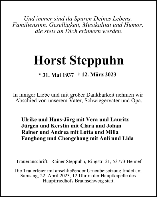 Traueranzeige von Horst Steppuhu von Braunschweiger Zeitung